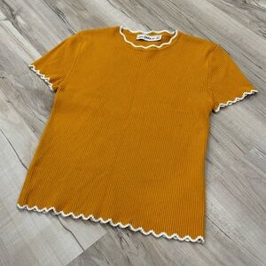 ZARA Yellow Ribbed Knit Short Sleeve Shirt White Lettuce Hem Crop Top Wo…